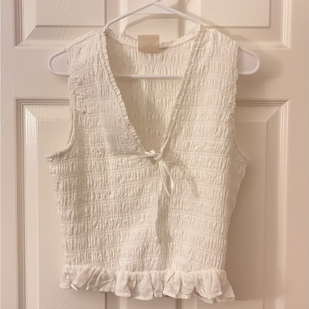 Abercrombie & Fitch White Smocked V-Neck Tank with Ruffle Hem